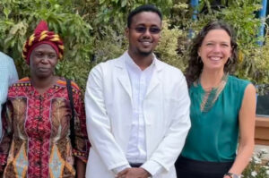 Members of the Fistula Foundation program team met Dr. Abdi (middle) in 2021, during a visit to Gynocare in Eldoret, Kenya. 