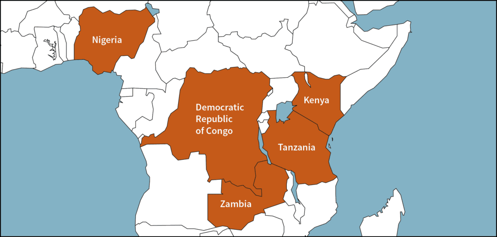 A map highlighting Nigeria, Democratic Republic of Congo, Kenya, Tanzania, and Zambia